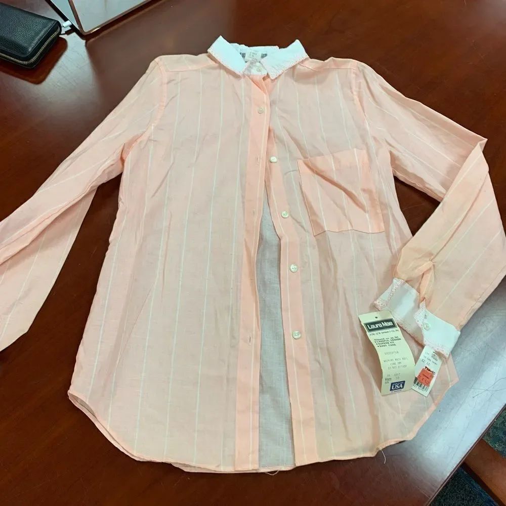 Vintage Laura Mae Pink & White Lace Trim Button Down sz 10 NWT